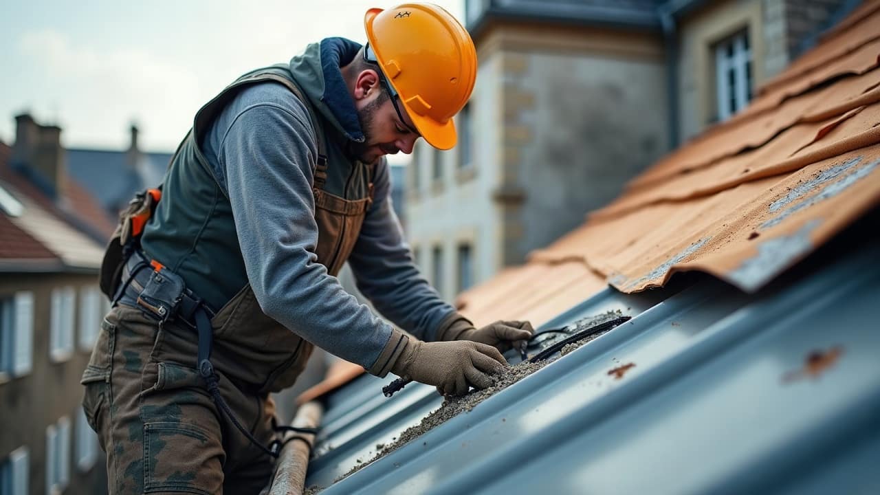Couvreur vu de dos fixant une bâche de protection avec des liteaux sur un pan de toiture, geste précis, aucun visage visible