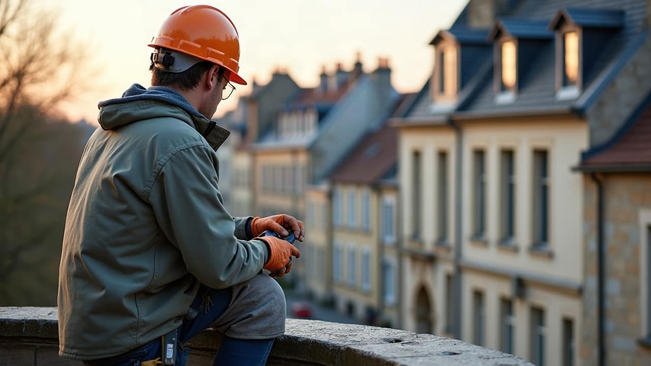 Personne équipée observant une toiture depuis le sol avec des jumelles, un carnet posé à côté