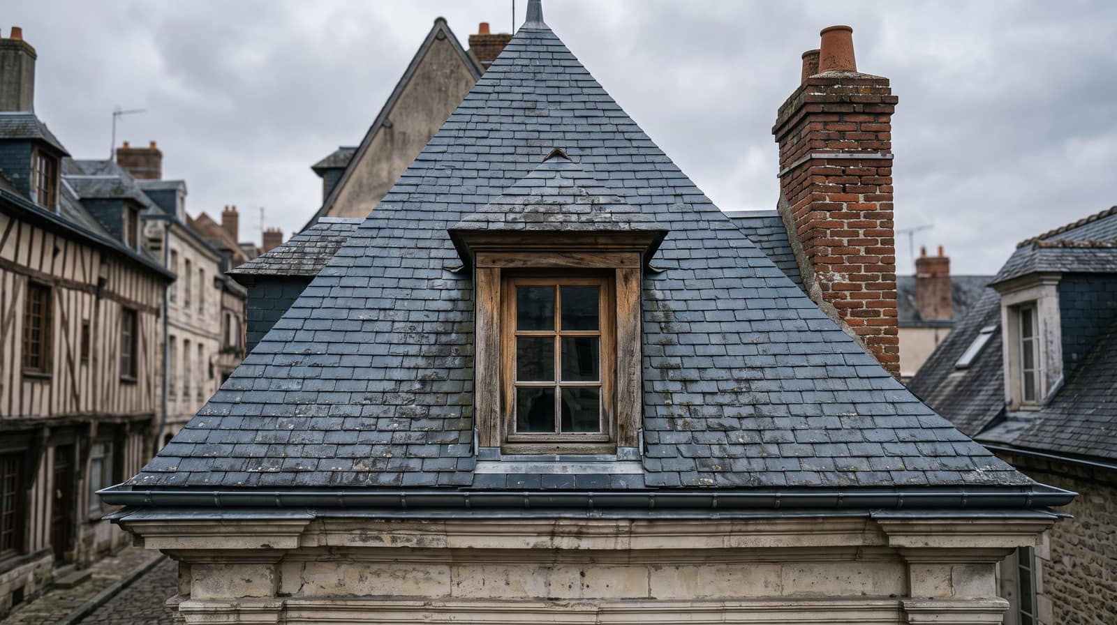 Vue en contre-plongée d'un toit d'ardoise avec lucarnes et cheminée en brique, sur une façade du centre ancien de Chartres