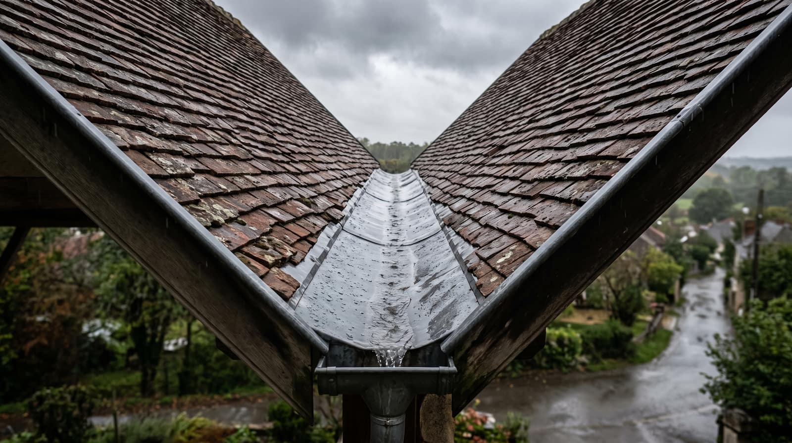 Noue en zinc mat formant un V entre deux pans de toiture en tuile plate terre cuite, ruisselante de gouttes de pluie
