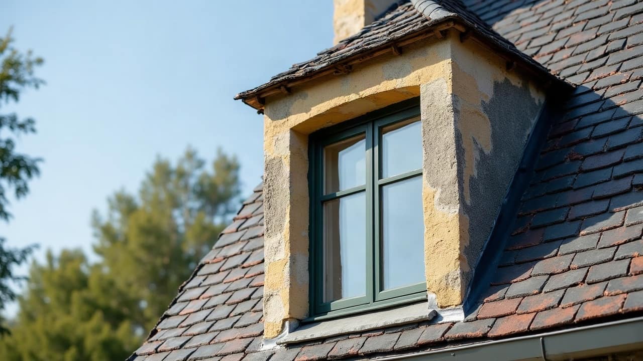 Fenêtre de toit encastrée dans un pan de couverture en tuile plate, vue depuis l'extérieur