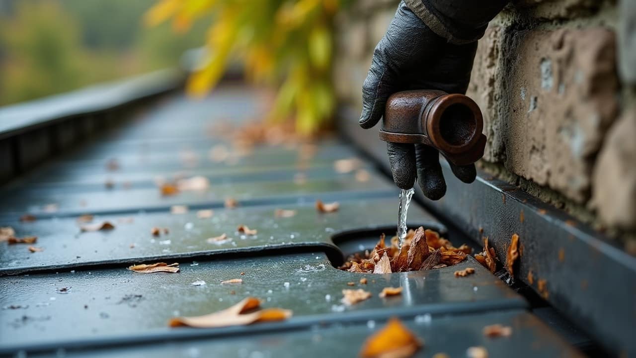 Gouttière débordant d'eau de pluie le long d'un pan de toiture en tuile, avec des feuilles visibles à l'intérieur