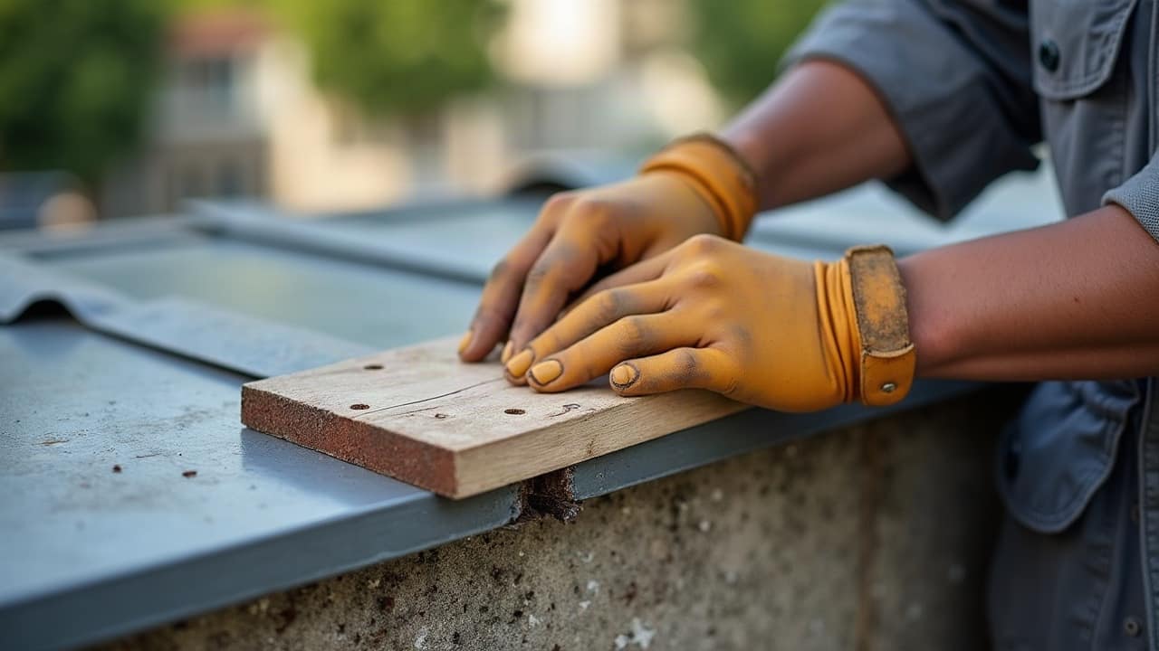 Pièce de bois de charpente présentant plusieurs petits trous de sortie alignés, avec un peu de sciure fine au pied