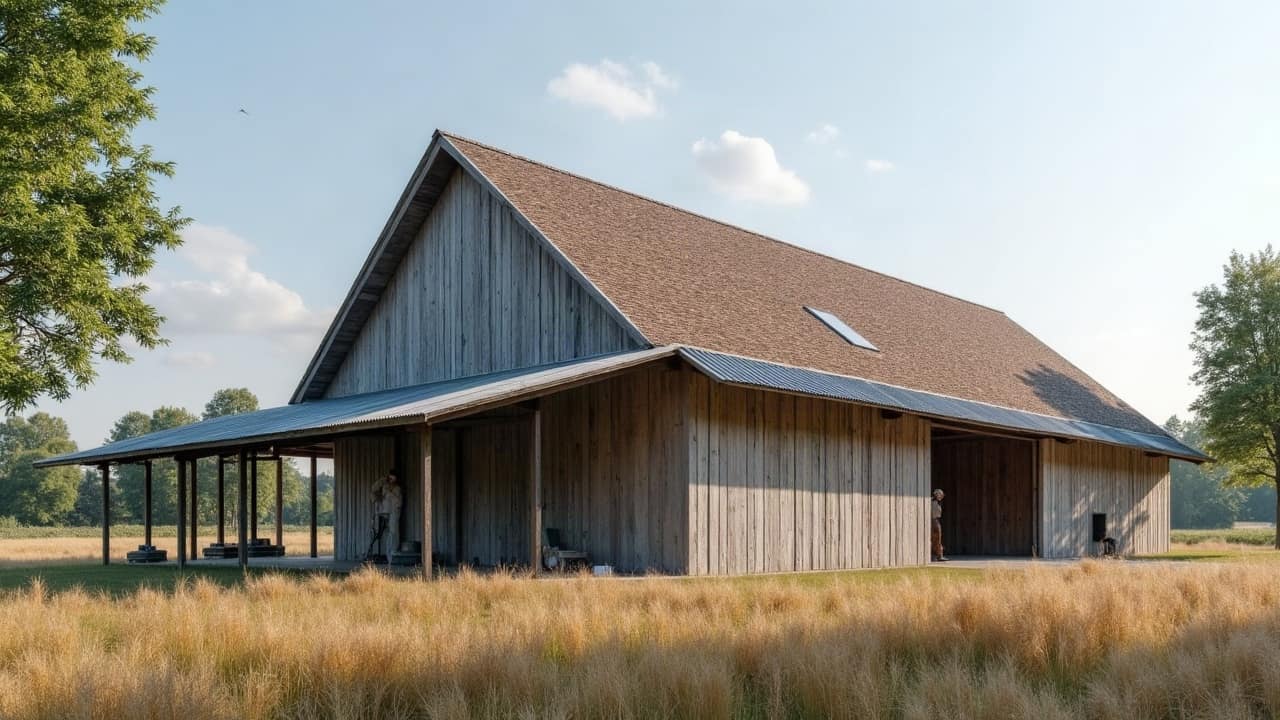 Grand hangar agricole avec une toiture en tôle et bardage, en bordure d'un champ de la plaine de Beauce