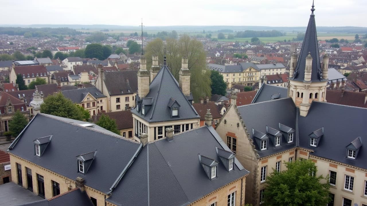 Toits en tuile mécanique de plusieurs pavillons mitoyens, vus depuis un angle légèrement surélevé