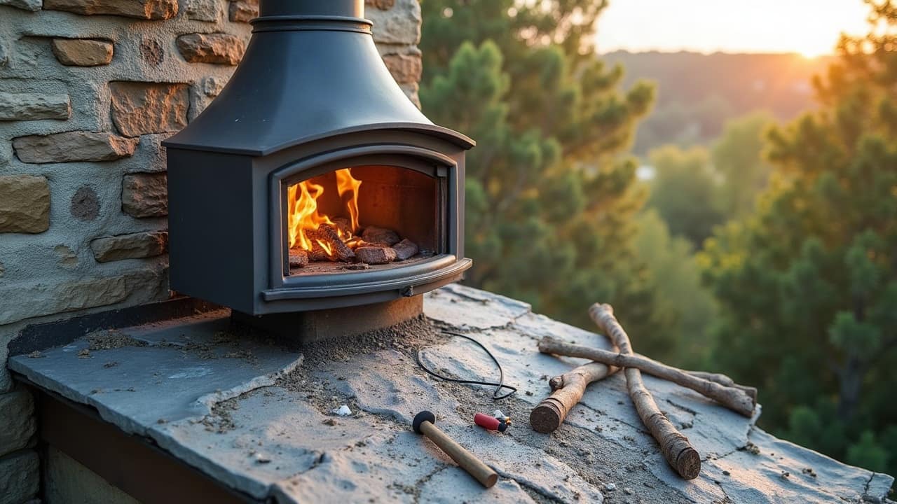 Toiture en ardoise avec une souche de cheminée, sur fond de végétation dense d'une vallée
