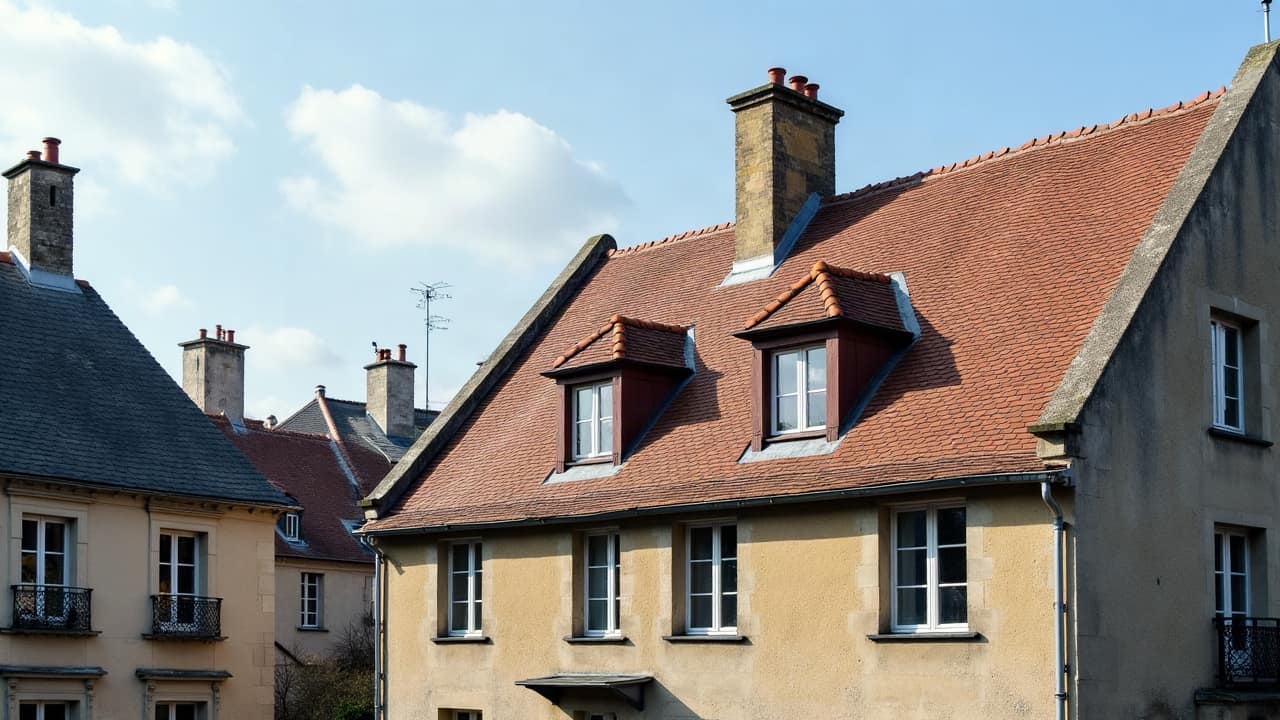Toit en ardoise à forte pente d'un bâtiment ancien, avec des lucarnes régulièrement espacées