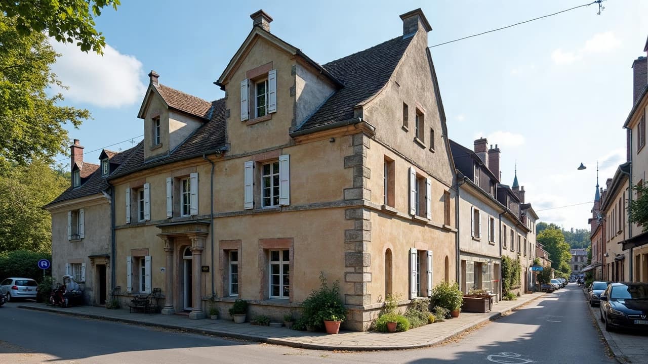 Façade à pans de bois restaurée avec toiture en tuile plate au-dessus, vue d'ensemble depuis la rue, ciel dégagé