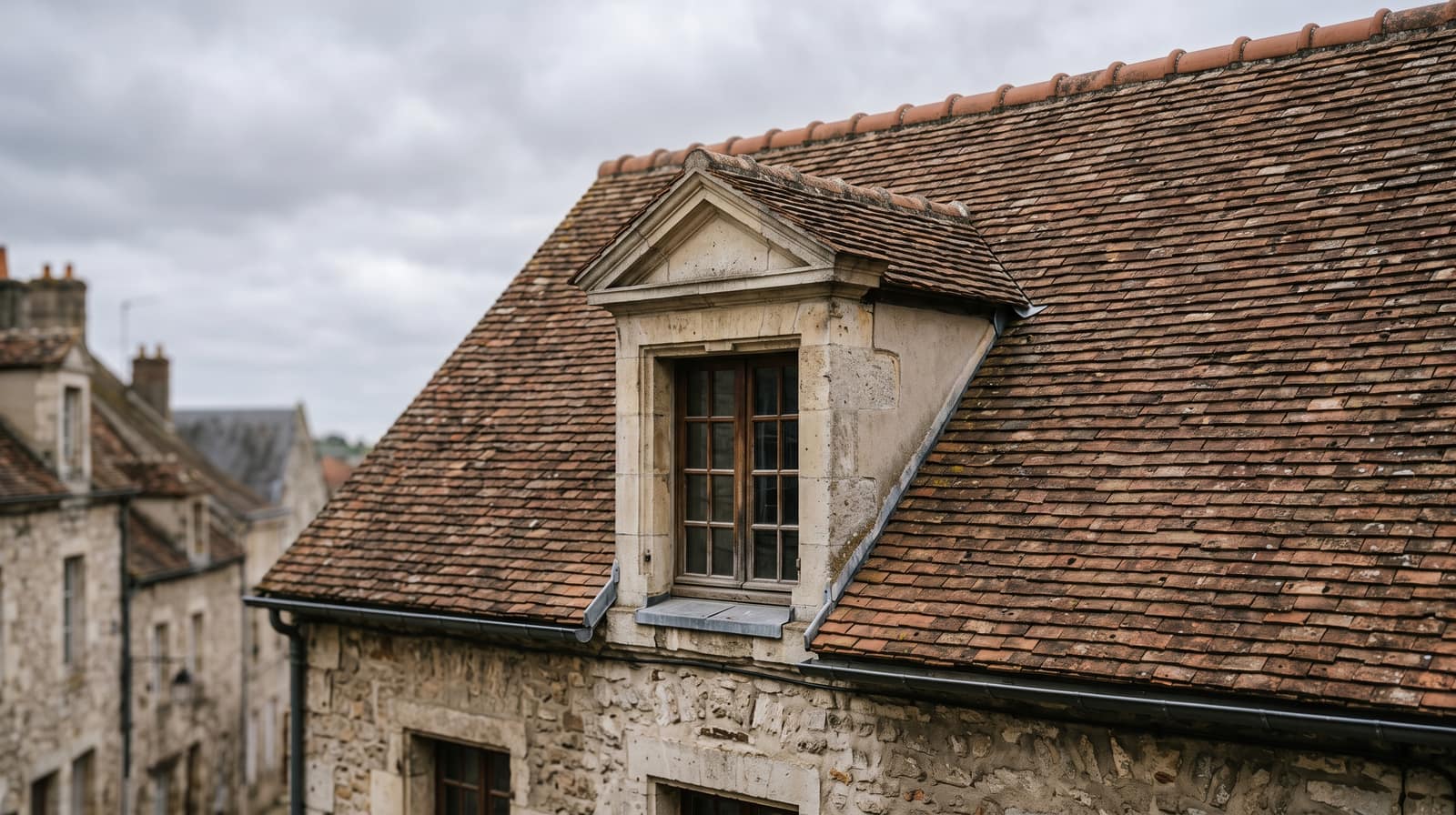 Pan de toiture en tuile plate terre cuite avec une lucarne à fronton en pierre calcaire, sur une maison du centre ancien de Chartres