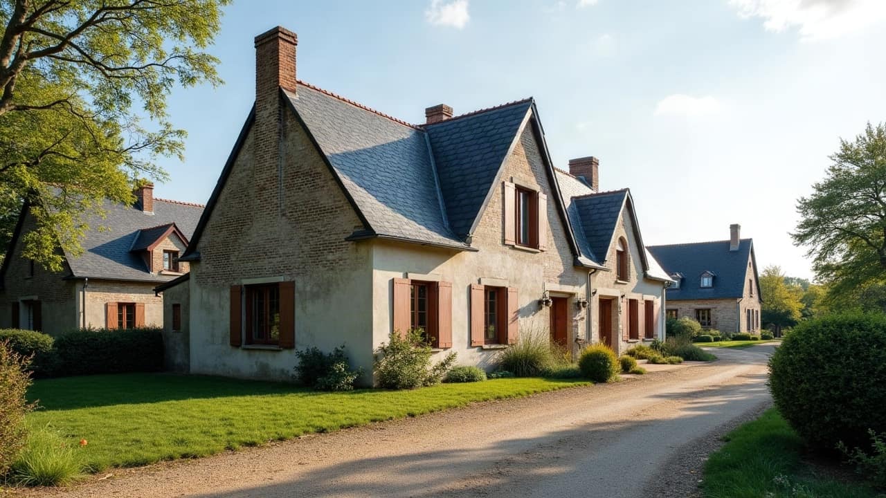 Grand pan de toiture en tuile plate d'un corps de ferme beauceron, avec sa charpente apparente sous l'avant-toit