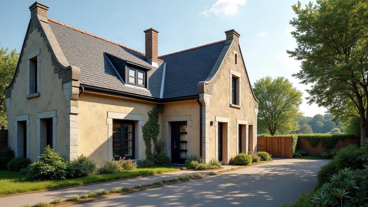 Toiture en ardoise d'une maison de bourg ancienne, avec une lucarne et une souche de cheminée en pierre