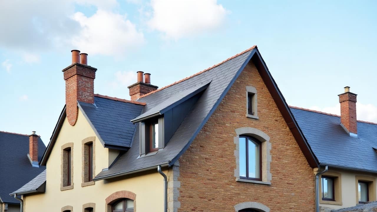 Toiture en tuile plate d'une maison de bourg avec un petit appentis attenant, sous un ciel dégagé de plaine
