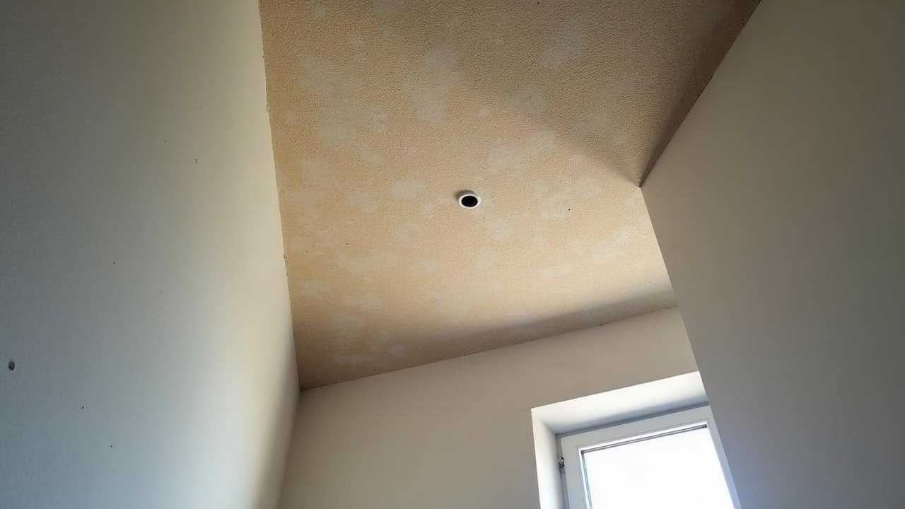 Tache d'humidité circulaire sur un plafond en plâtre, vue depuis l'intérieur d'un comble aménagé