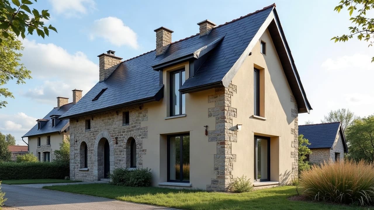Toiture en tuile plate de Beauce sur une maison, versant entier bien entretenu vu depuis la rue, ciel dégagé