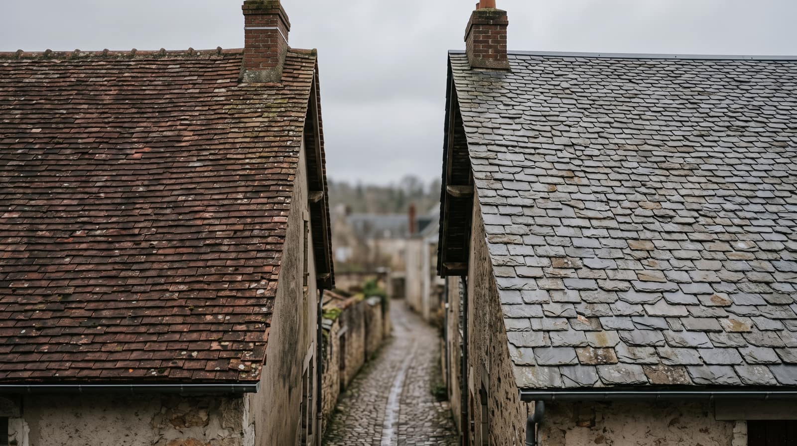 Deux toitures mitoyennes vues côte à côte au-dessus d'une ruelle, l'une en tuile plate terre cuite et l'autre en ardoise naturelle