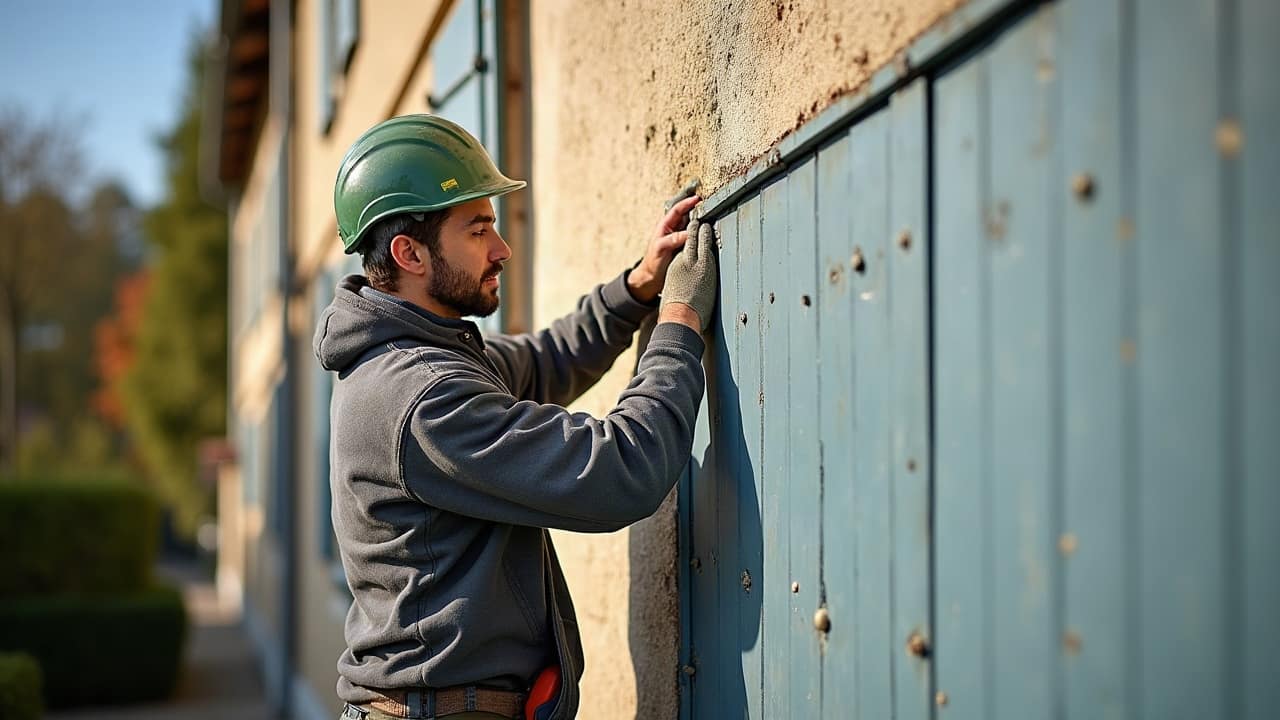 Zingueur vu de dos posant un solin de zinguerie à la jonction entre un mur et une toiture, aucun visage visible