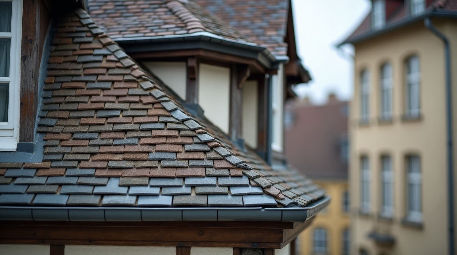 Toitures du centre ancien de Chartres, tuile plate et ardoise sur maisons à pans de bois